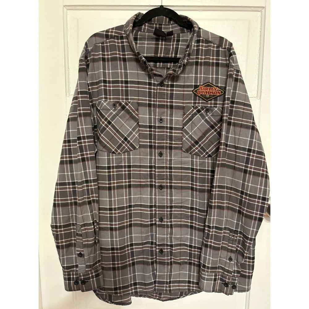 Harley-Davidson 120th Anniversary Plaid Button Down‎ Shirt 2XL Grey Moto Flannel - Picture 2 of 9